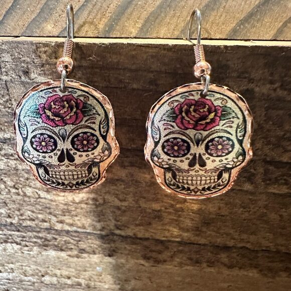 Handmade Boho Copper Earrings, Day of The Dead Rose Wire Earrings, Gift Box - Picture 3 of 10